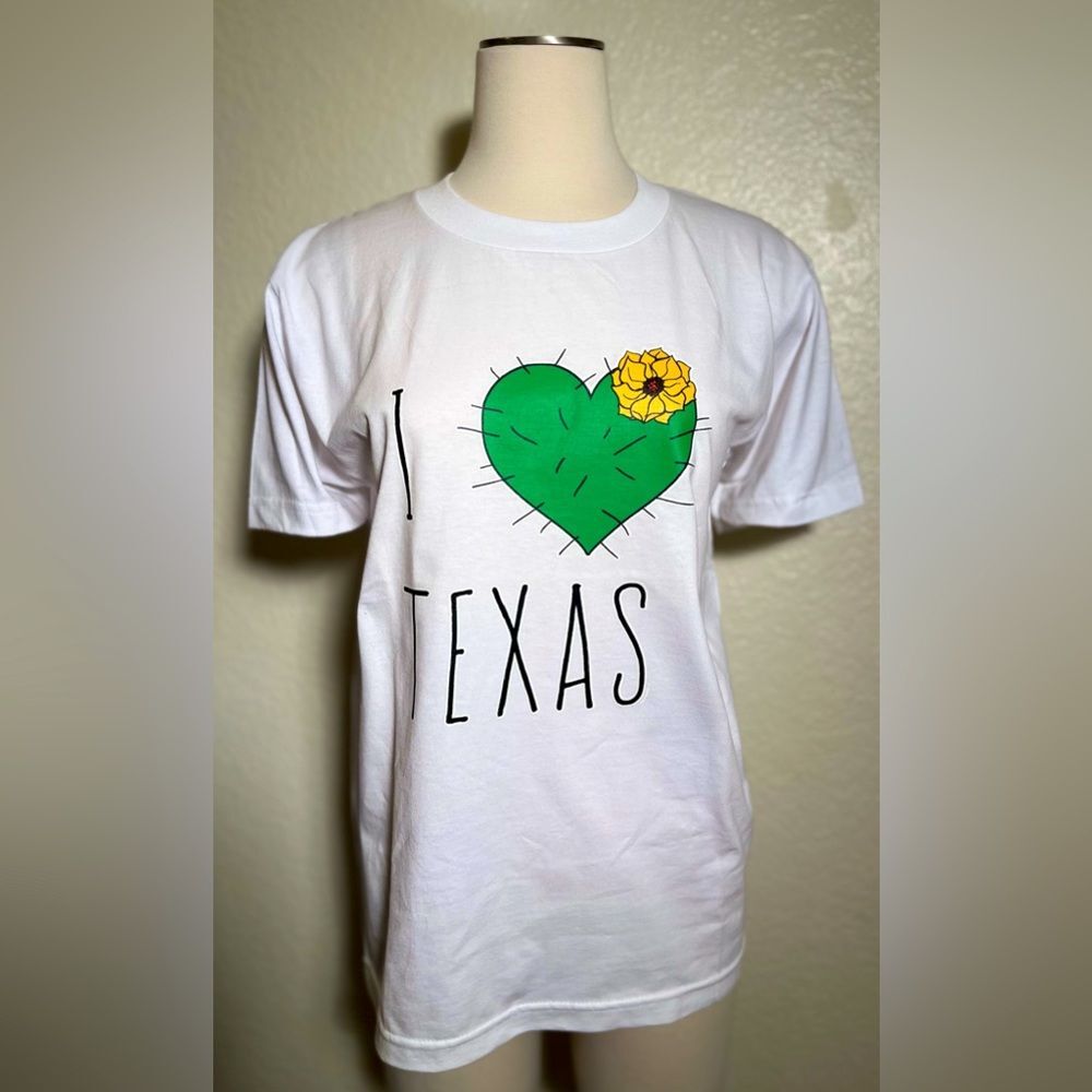 I LOVE TEXAS CACTUS T SHIRT GREEN WHITE 100%. Cotton